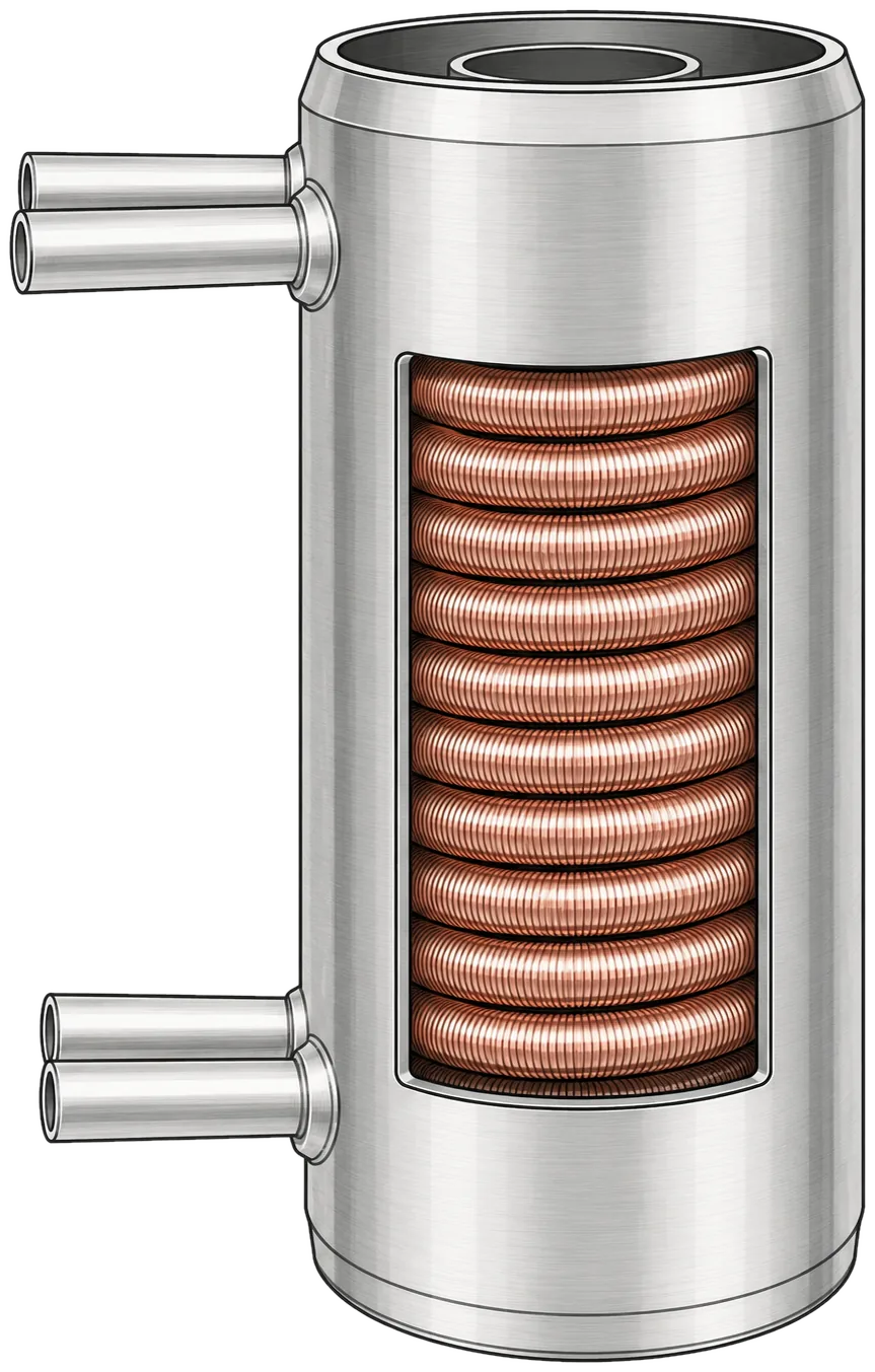 Shell and coil heat exchanger built for a duty outside the standard range