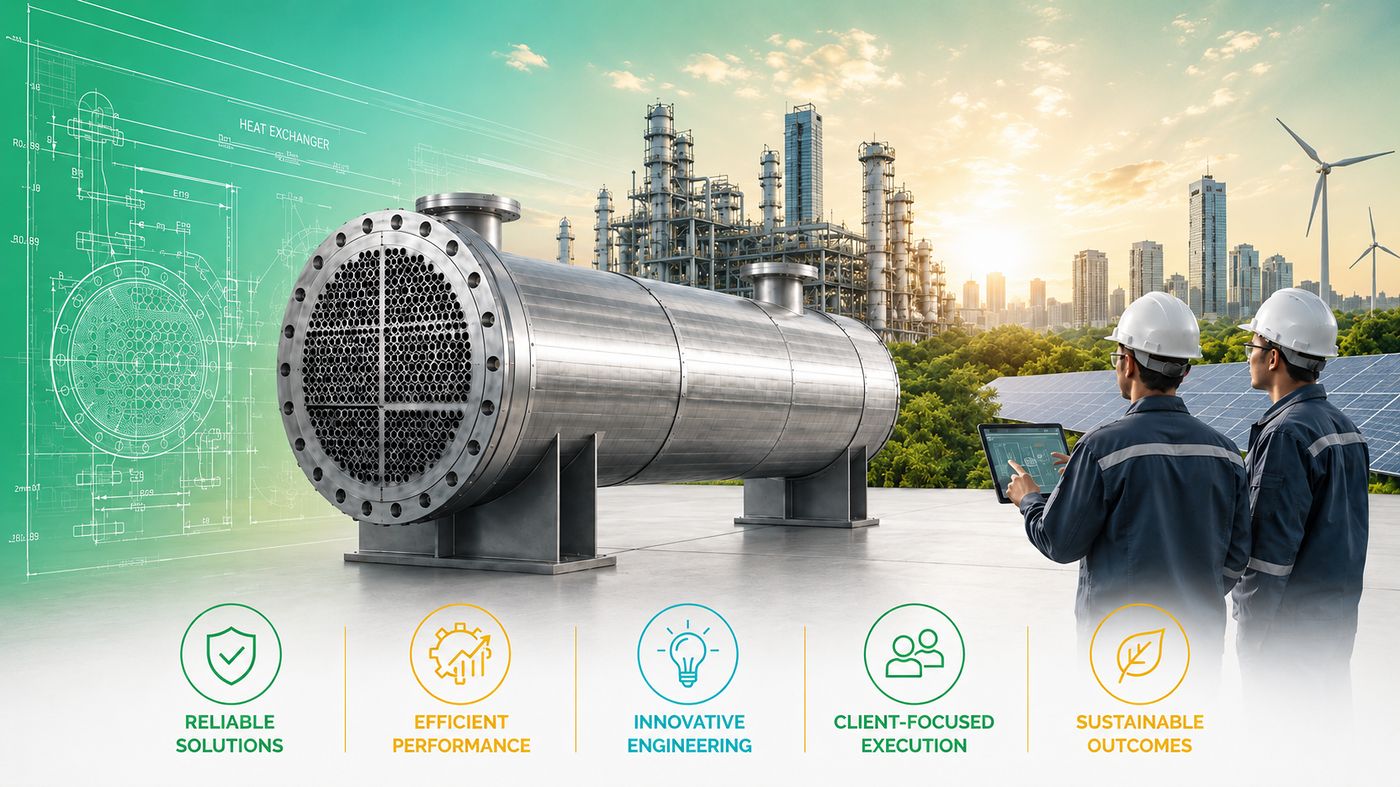 Heat exchanger on site with engineers, over the values reliable solutions, efficient performance, innovative engineering, client-focused execution and sustainable outcomes